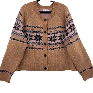 Old Navy Fair Isle Cardigan XXL Tan Pink Navy Button Front Cozy Scandi Girl